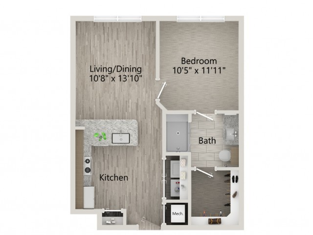 A floor plan of a one-bedroom apartment featuring a living/dining area, kitchen, and bathroom.