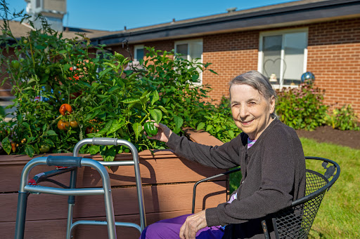 An elderly woman enjoys gardening in a community space, smiling as she tends to the vibrant plants.
