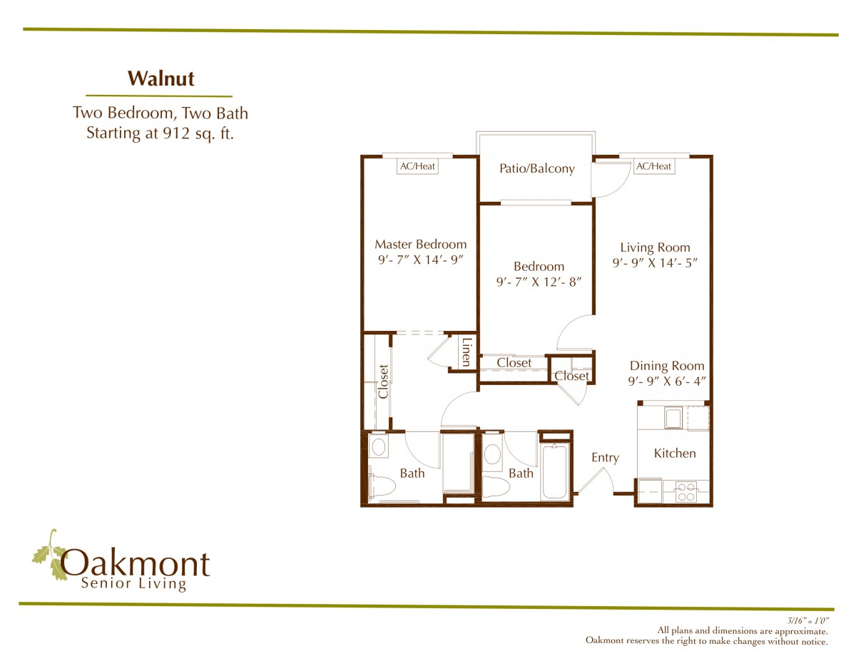 Floor plan of a two-bedroom, two-bath apartment with a spacious layout.