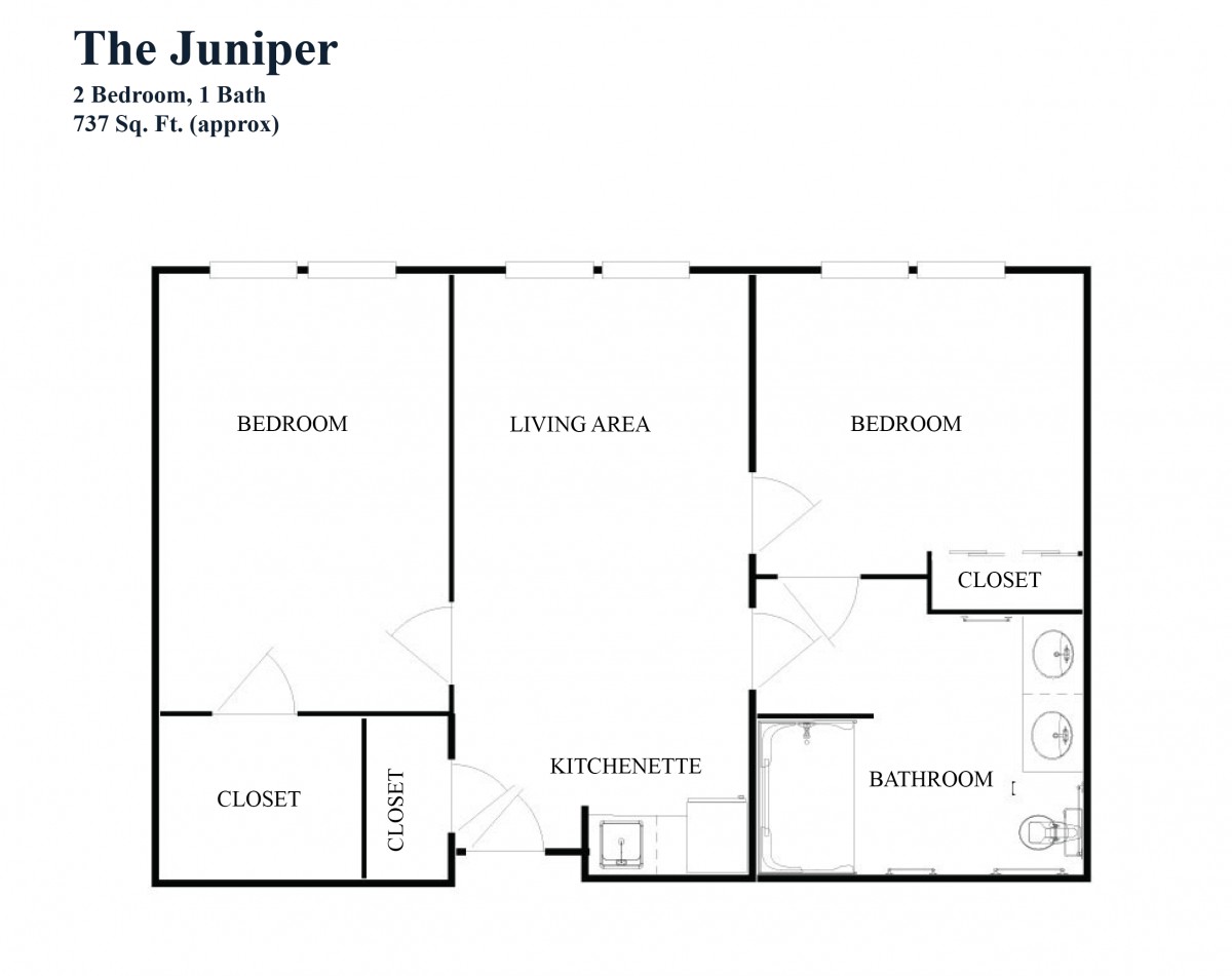 The Juniper: A floor plan featuring two bedrooms, one bathroom, a kitchen, and a living area.