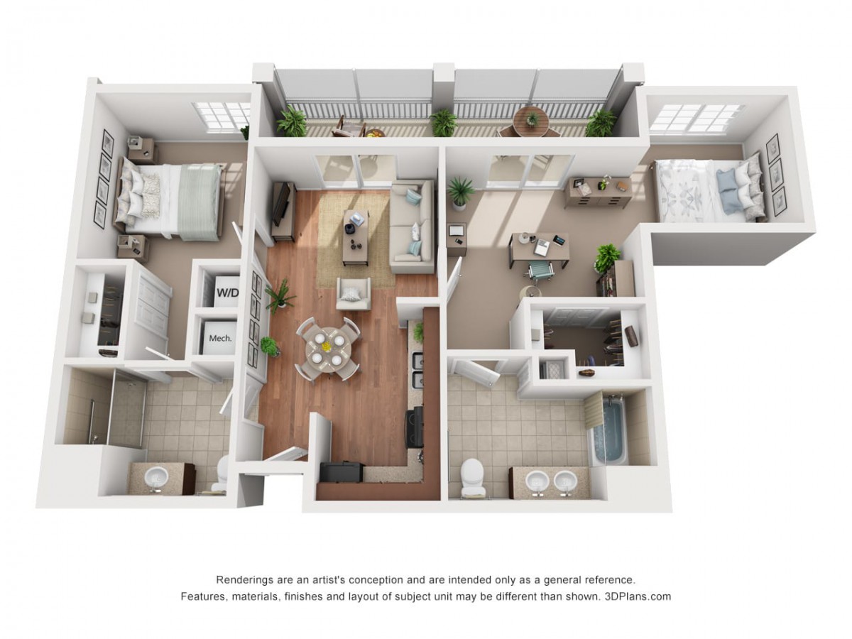 A 3D floor plan of an apartment showcasing the arrangement of rooms and furniture in a modern interior design.