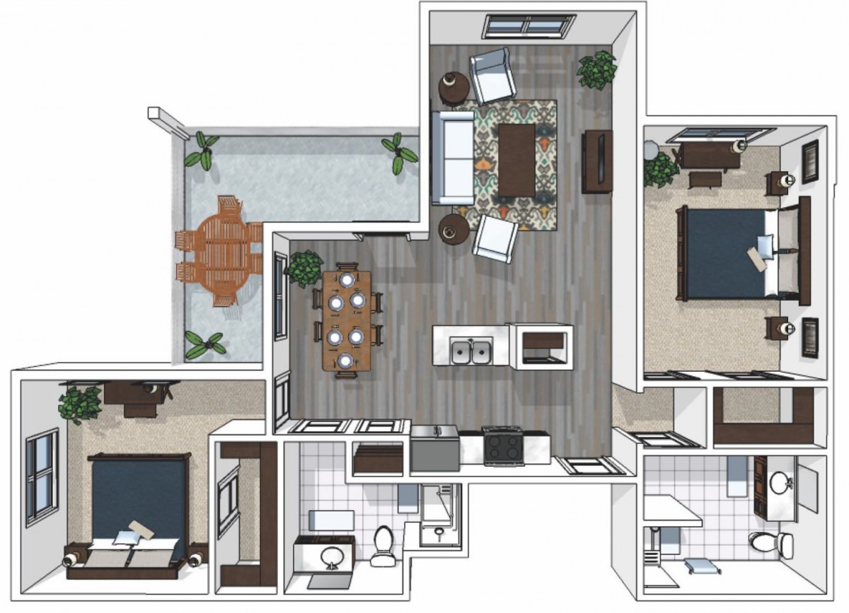 3D rendered floor plan of an apartment with two bedrooms, a living room, kitchen, dining area, bathrooms, and a balcony.