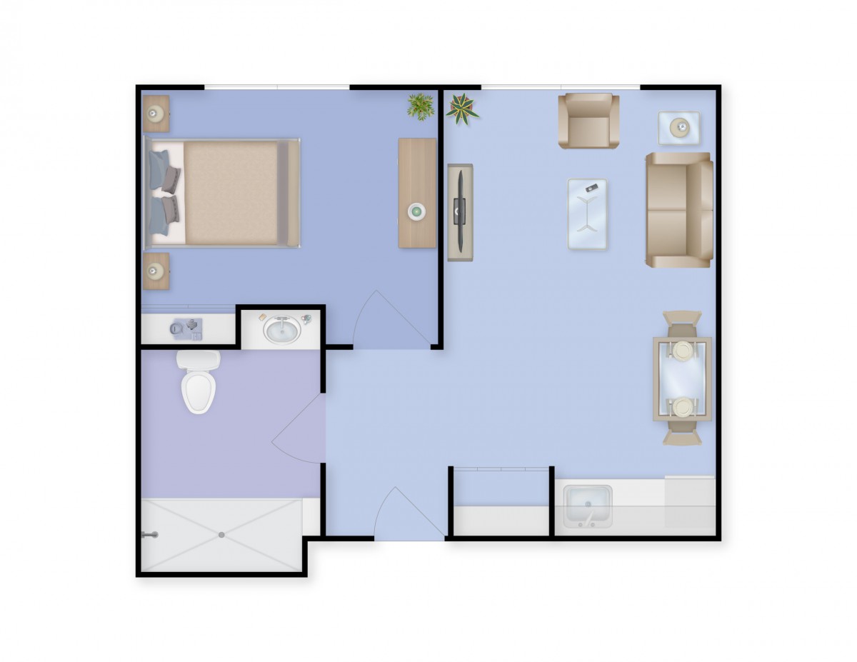 A simple one-bedroom apartment floor plan with a living room, kitchen, bathroom, and bedroom.