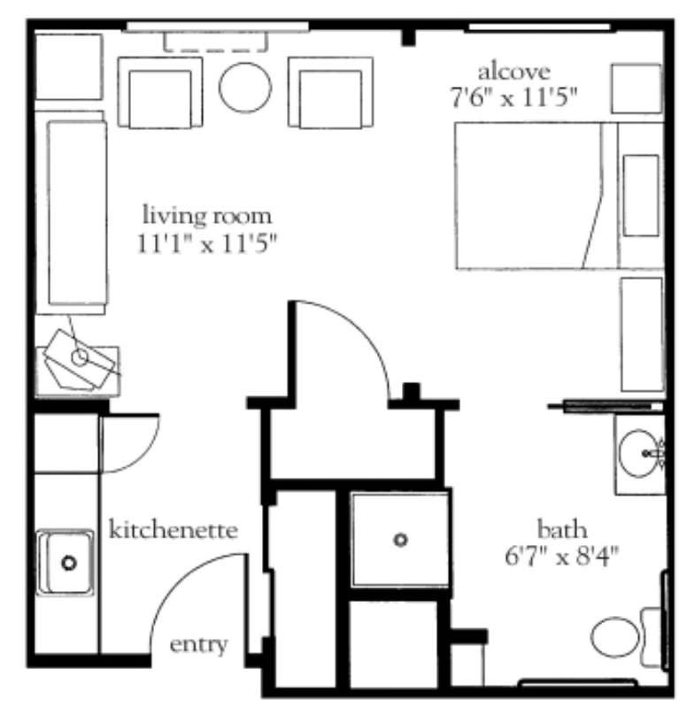 A compact apartment floor plan featuring a living room, kitchenette, bathroom, and an alcove.