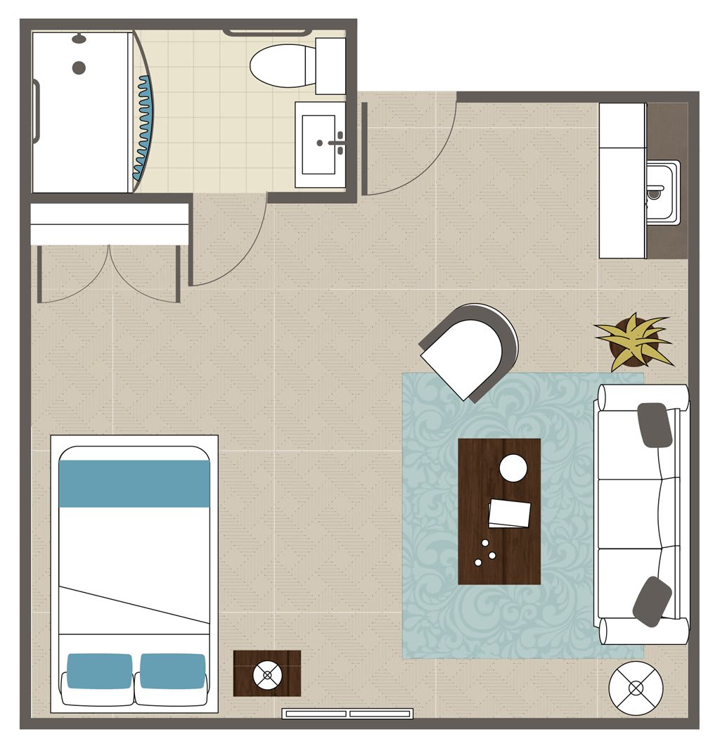 Studio apartment floor plan with a combined living and sleeping area, kitchenette, and bathroom.