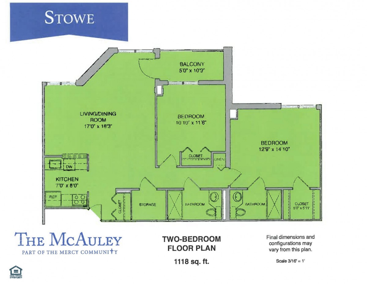 A schematic floor plan of a two-bedroom apartment layout.