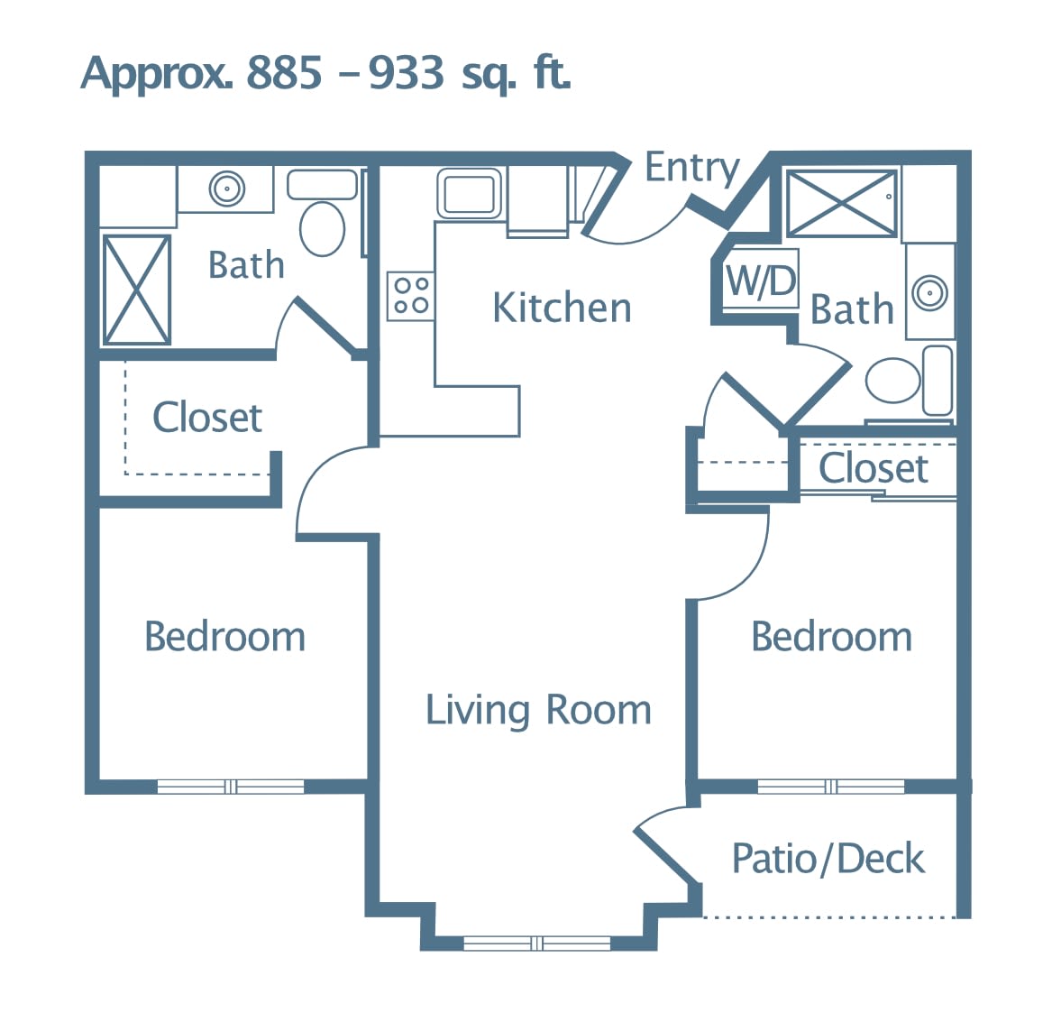 A floor plan of an apartment with approximately 885 to 933 square feet, featuring two bedrooms, two bathrooms, a kitchen, a living room, closets, and a patio/deck.