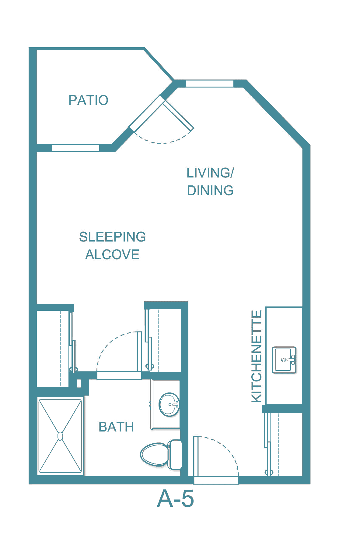 Blueprint of a studio apartment with sleeping alcove, kitchenette, and living/dining area.