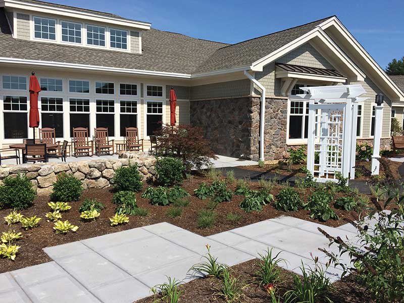 A well-landscaped garden with a pathway leading to a modern house.