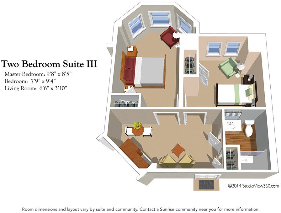 A floor plan of a Two-Bedroom Suite III, showcasing the layout and dimensions of the rooms.