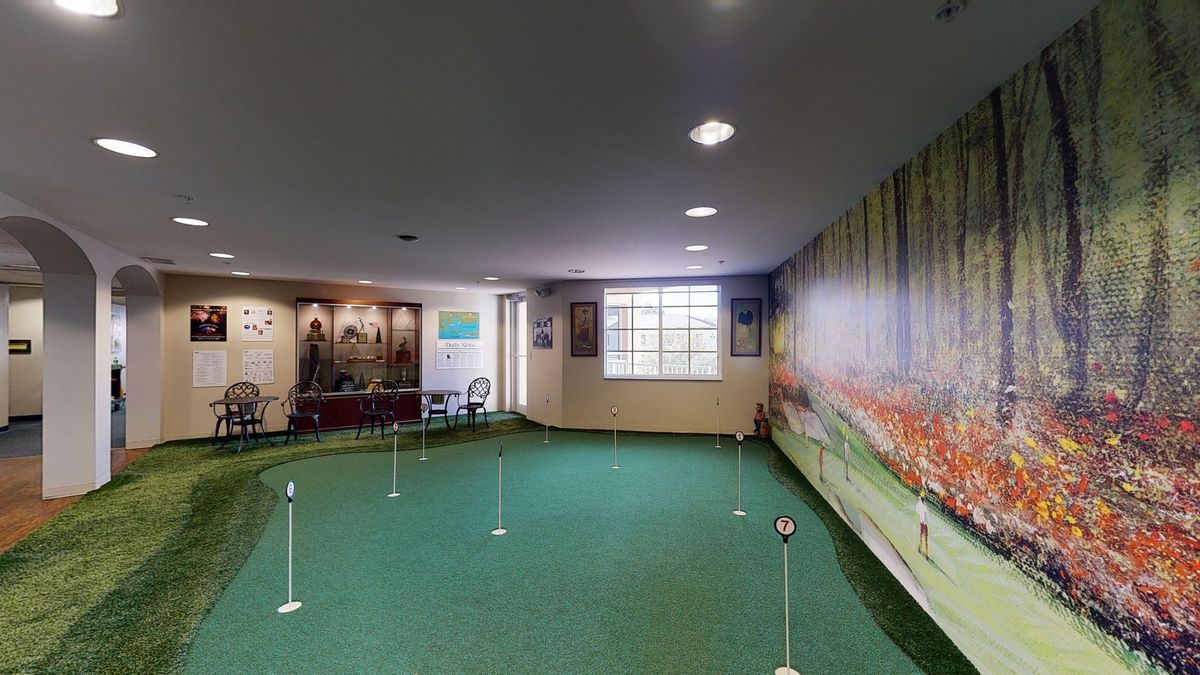 An indoor putting green for practicing golf shots, complete with artificial turf and a backdrop of a golf course scene.