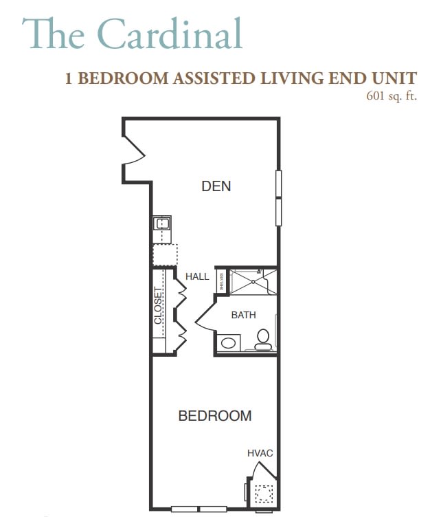 The Cardinal: A one-bedroom assisted living end unit floor plan.