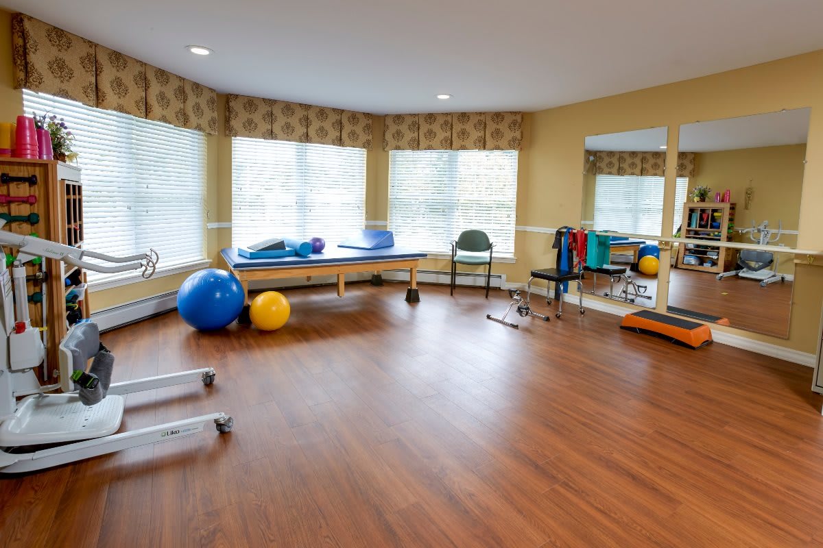 A well-equipped exercise room for physical rehabilitation with gym equipment and therapy balls on a wooden floor.