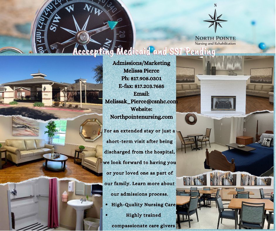 A promotional poster for Compass Pointe showcasing assisted living services and facility amenities.