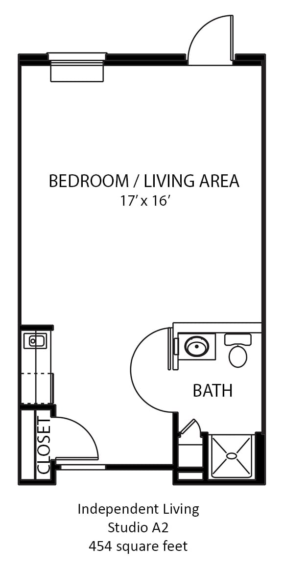 This is a floor plan of a studio apartment featuring a combined bedroom and living area, as well as a bathroom.
