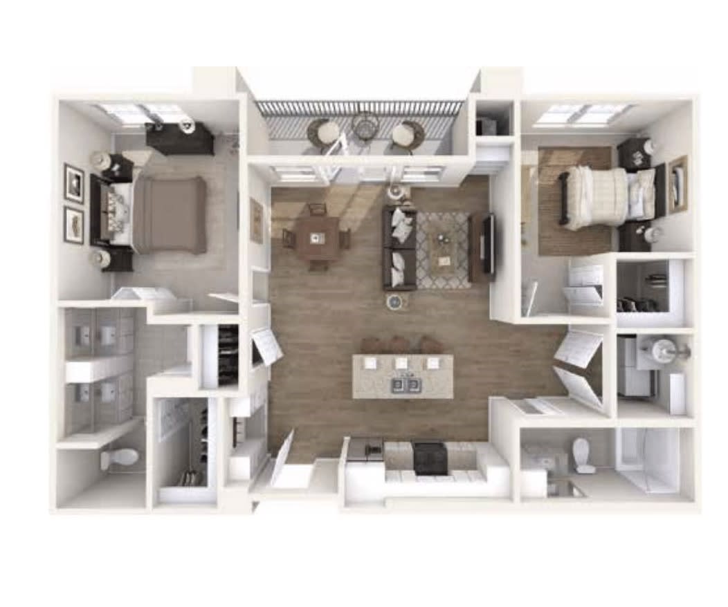 An overhead view of a modern apartment floor plan featuring two bedrooms, a living room, and an open kitchen.
