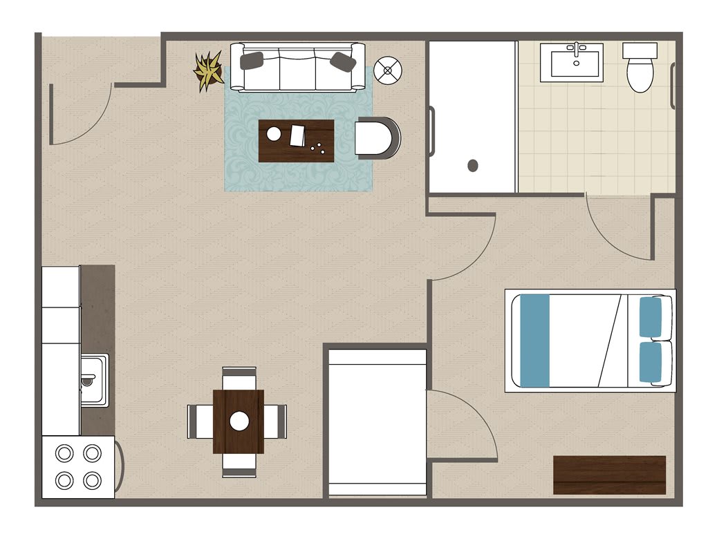 A floor plan of a one-bedroom apartment featuring a living room, kitchen, bathroom, and dining area.