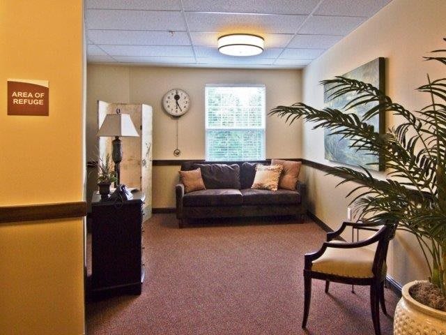 A cozy waiting room with a sofa, chair, and decorative elements.