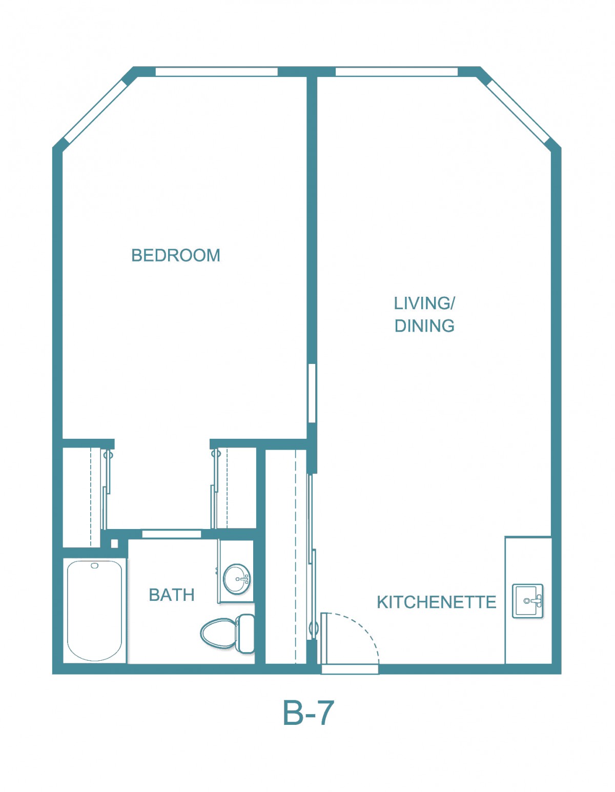 A floor plan of a one-bedroom apartment with a living/dining area, kitchenette, and bathroom.