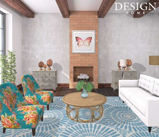A vibrant and stylish living room featuring colorful chairs, a cozy fireplace, and modern decor elements.