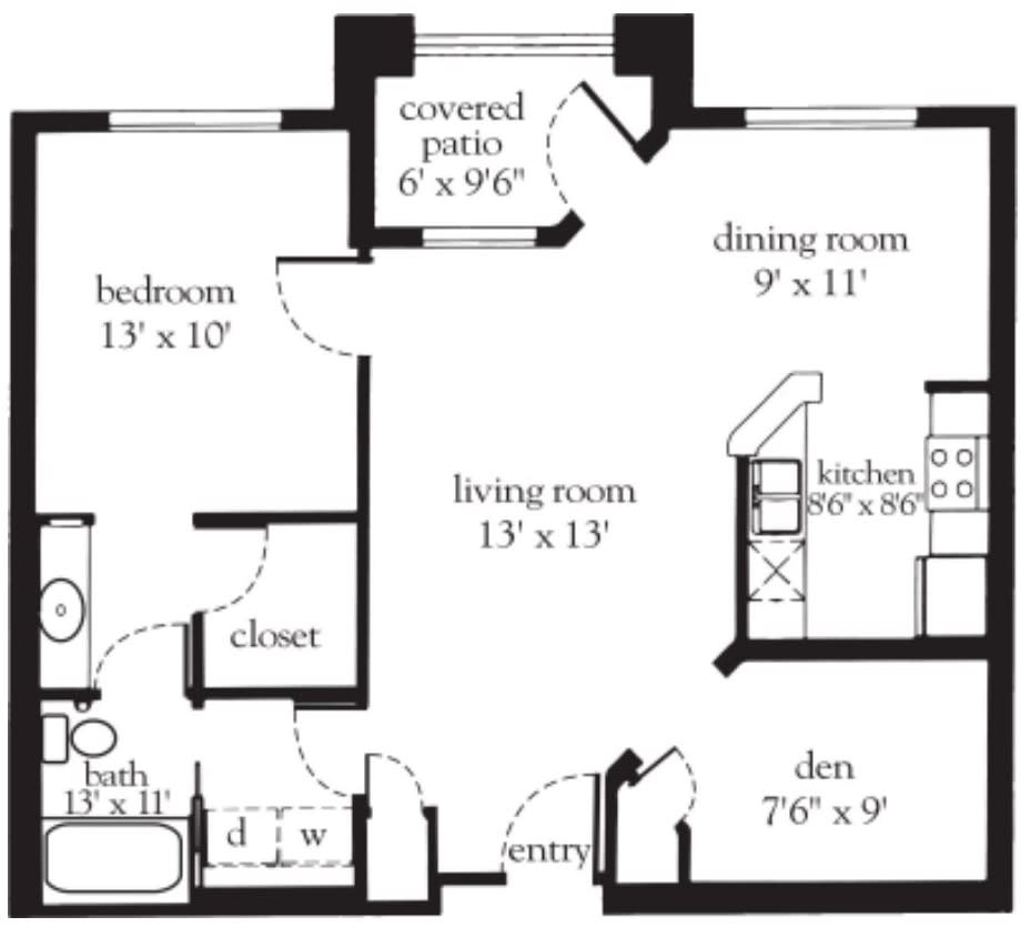 This image shows a floor plan of an apartment with labeled rooms including a bedroom, living room, dining room, kitchen, bathroom, and den.