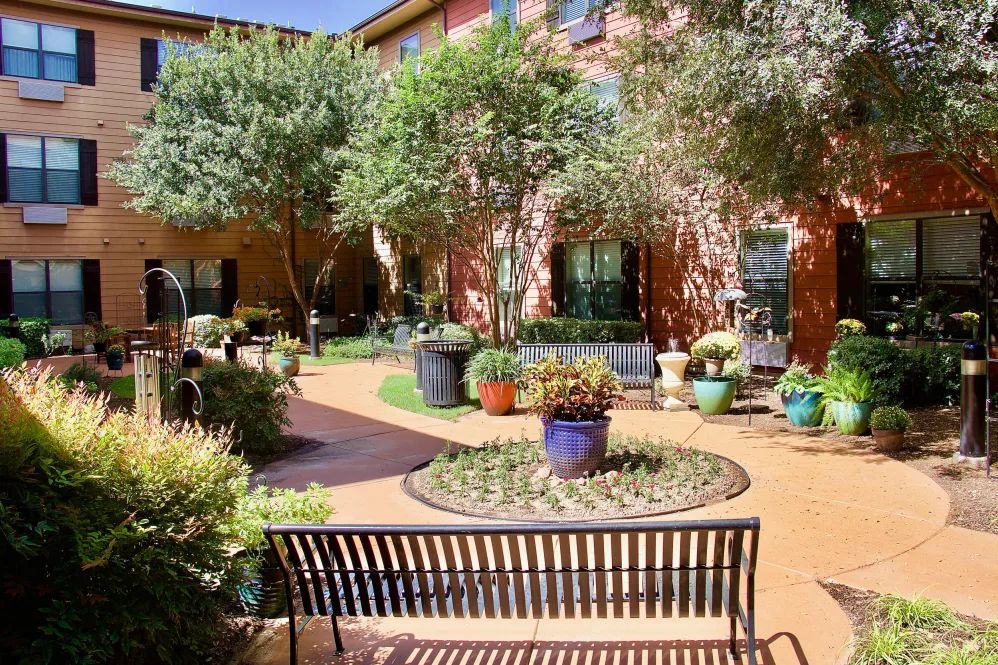 A peaceful courtyard with a bench surrounded by trees and potted plants.