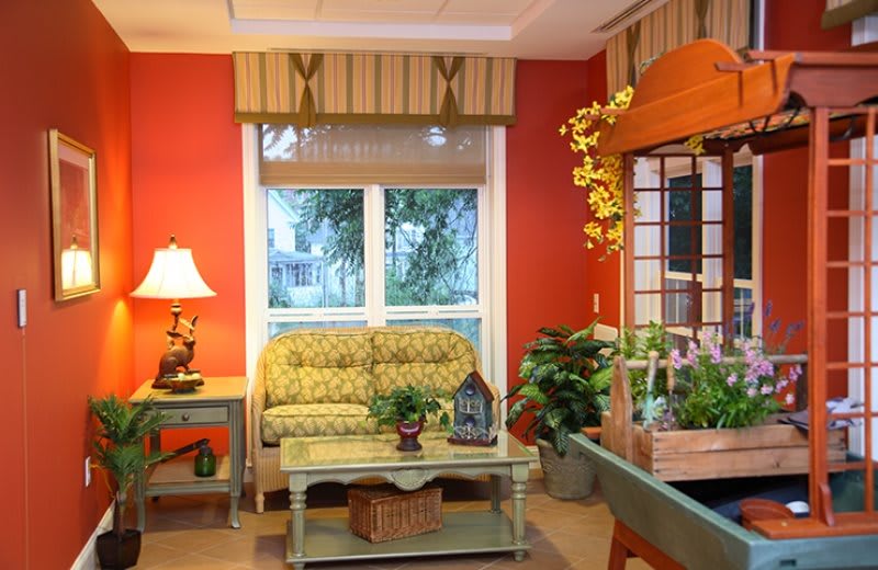 A cozy living room with warm red walls, a patterned sofa, and various plants enhancing the decor.