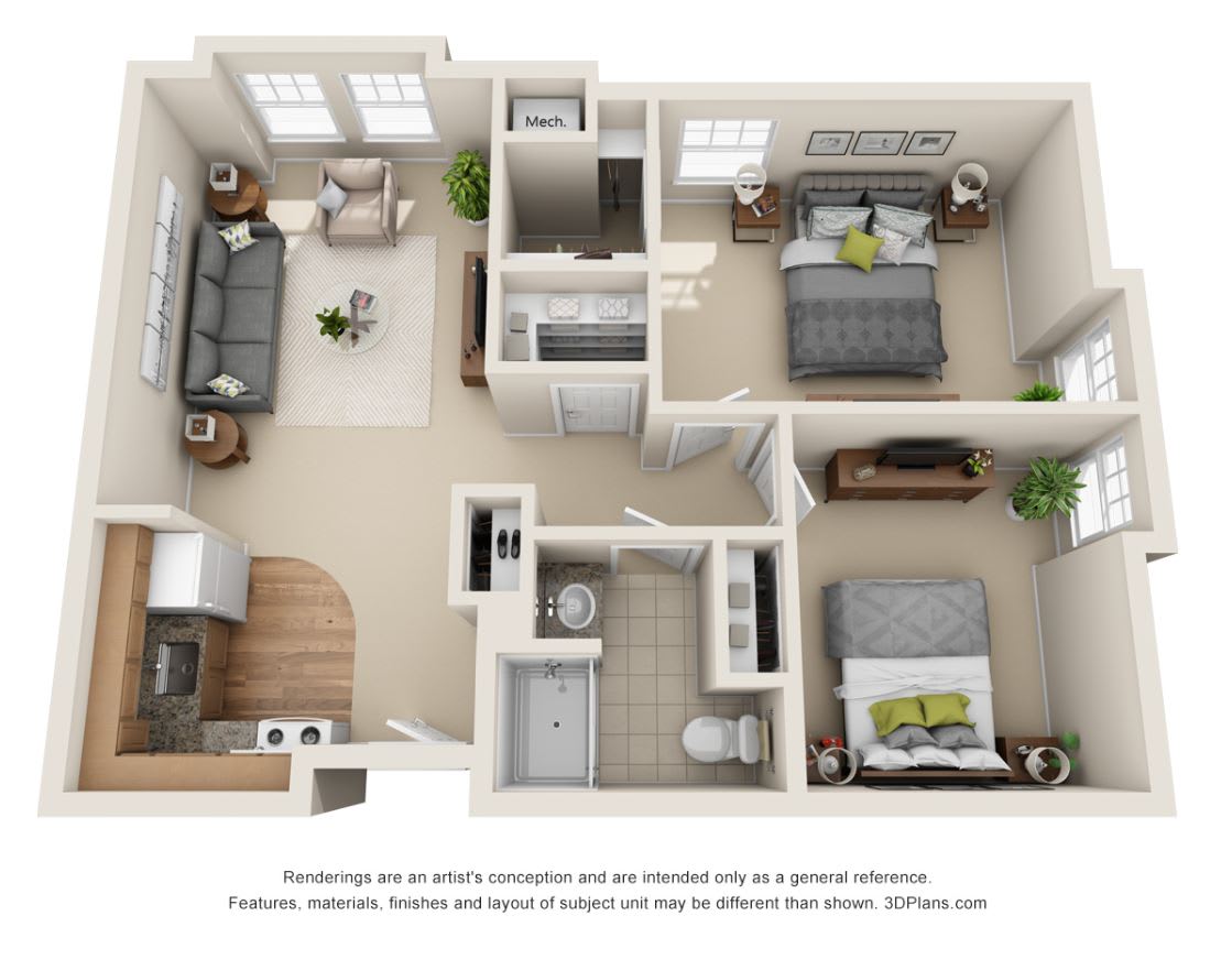 A 3D floor plan of a two-bedroom apartment showcasing a living room, kitchen, bathroom, and bedrooms.
