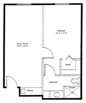 A floor plan of a one-bedroom apartment featuring a living room, bedroom, and bathroom.