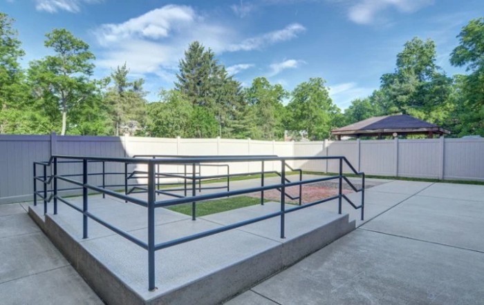A concrete ramp with metal handrails set in a backyard, surrounded by a fence and trees under a clear sky.