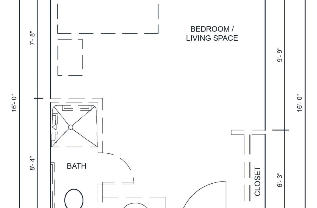 A floor plan showing a combined bedroom/living space, bathroom, and closet.
