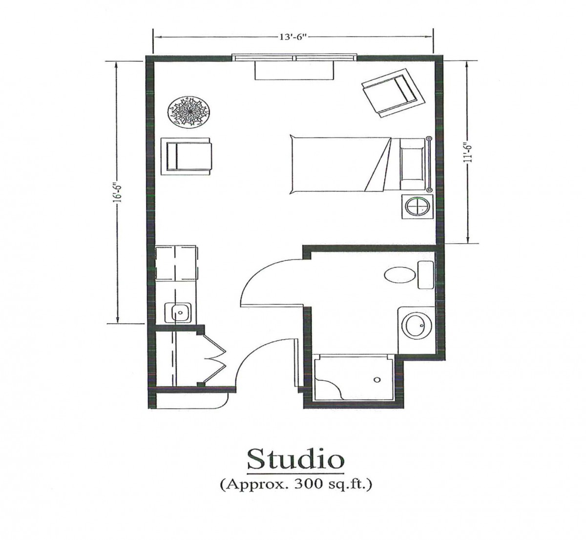Floor plan of a studio apartment approximately 350 sq. ft.