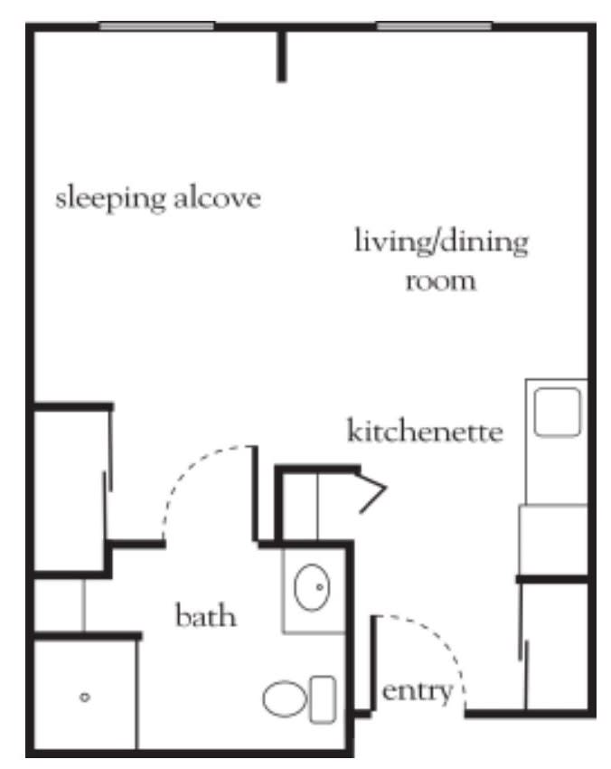 Studio apartment floor plan with sleeping alcove and kitchenette.
