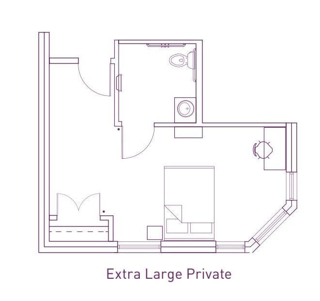 A floor plan of an extra-large private room featuring a bedroom, bathroom, and shared living area.