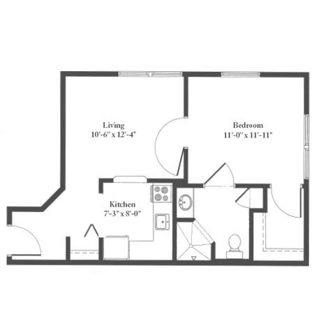 One-bedroom apartment floor plan with living room, kitchen, and bathroom.
