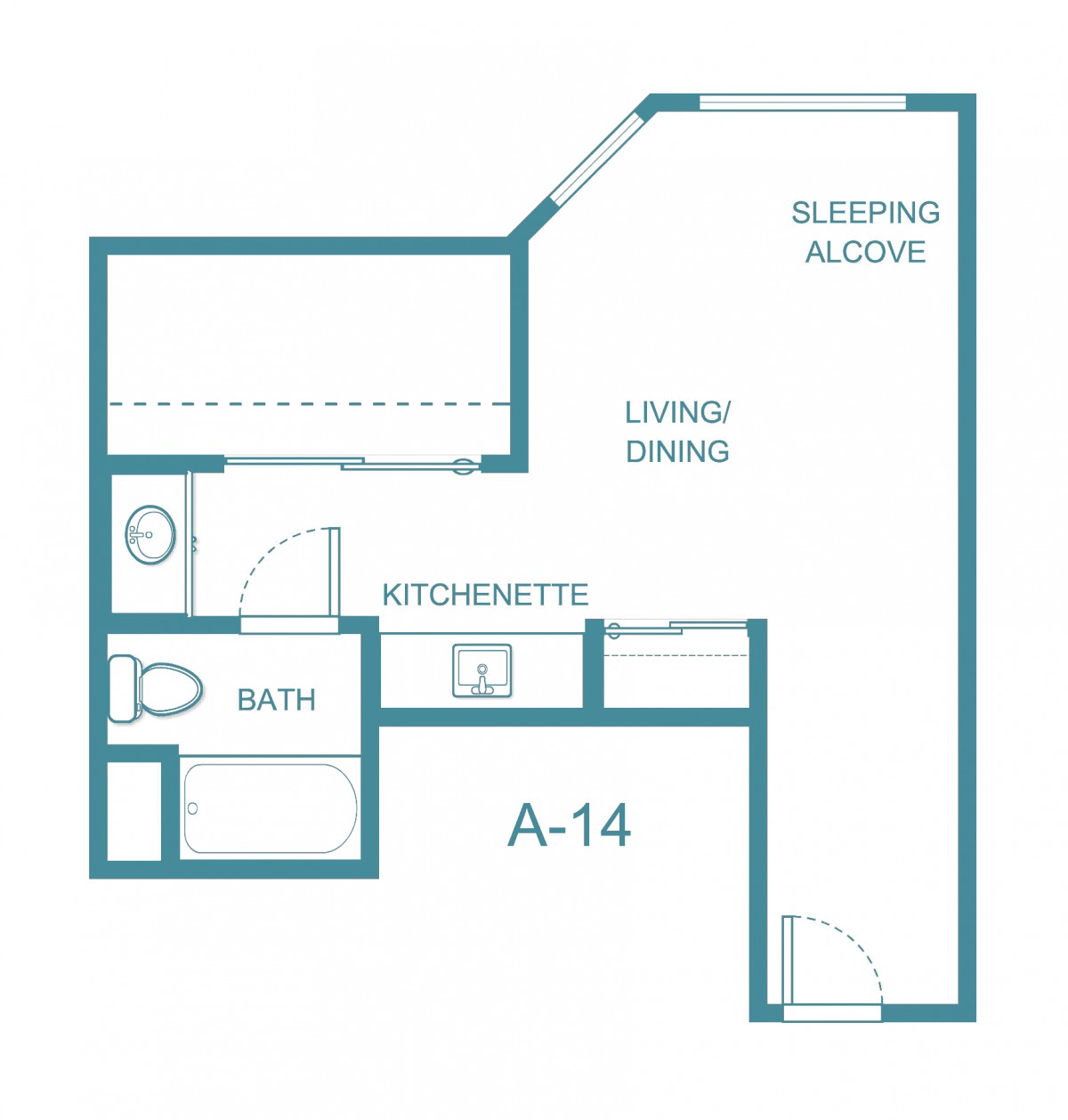 A floor plan of a studio apartment featuring a sleeping alcove, living/dining area, kitchenette, and bathroom.