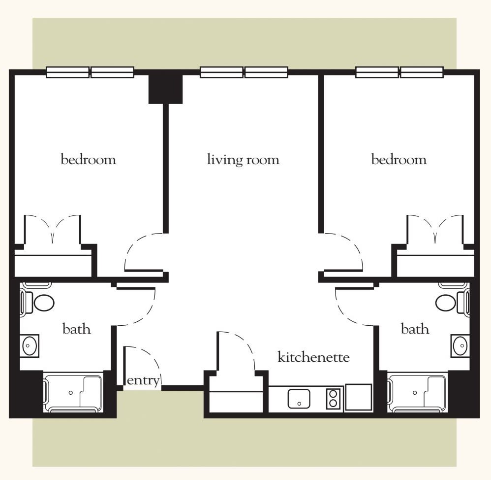 A floor plan of an apartment with two bedrooms and two bathrooms, featuring a central living room.
