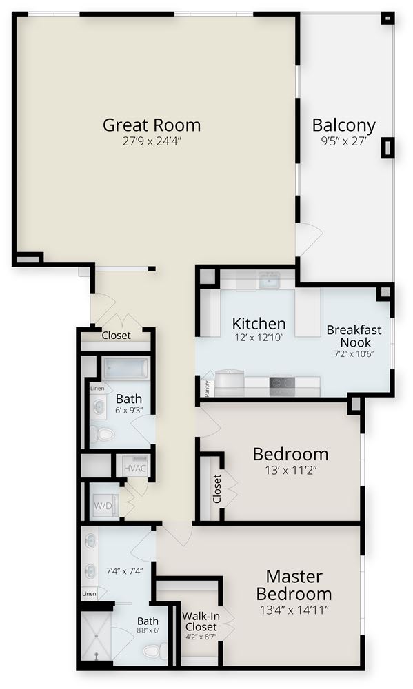 A detailed floor plan of an apartment showing the layout of rooms including a bedroom, kitchen, and living area.
