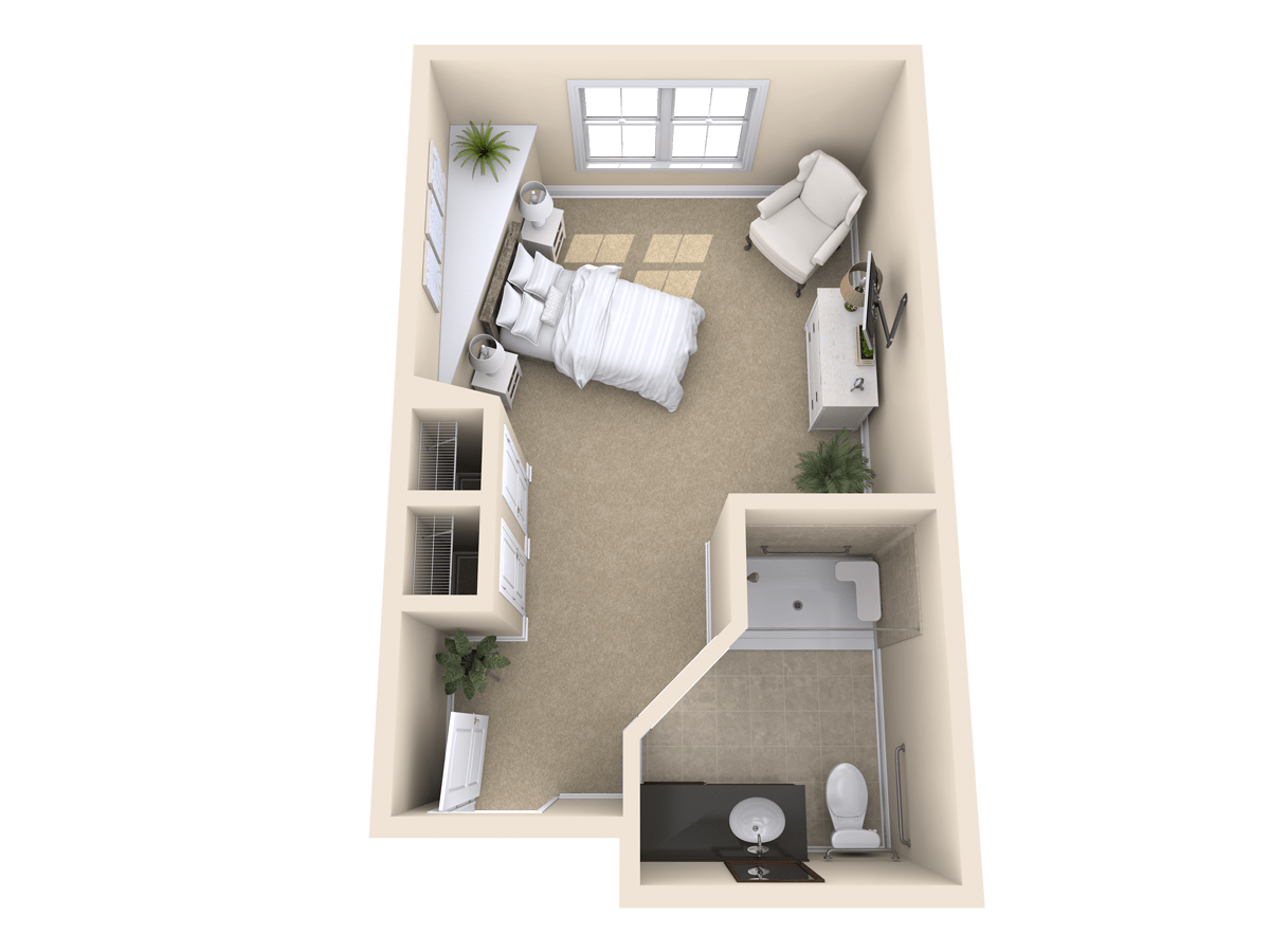 A 3D floor plan of a compact bedroom with an adjacent bathroom.