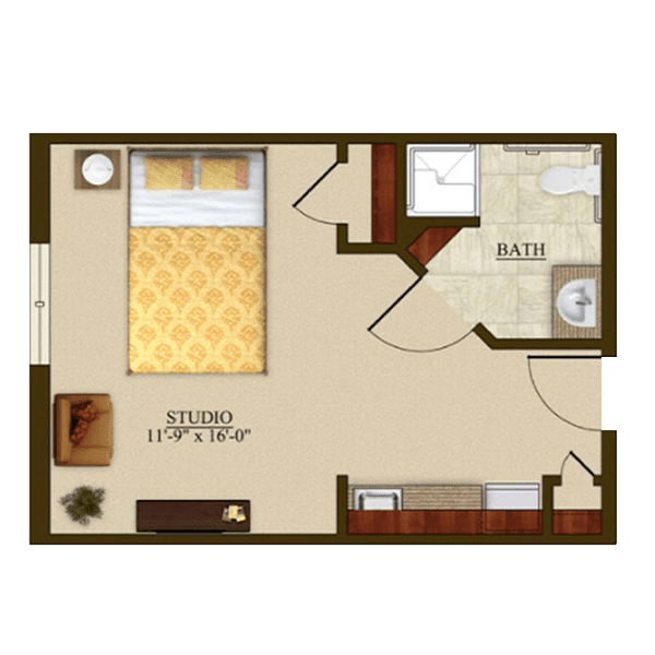 A floor plan of a studio apartment featuring a bedroom area, bathroom, and furniture layout.