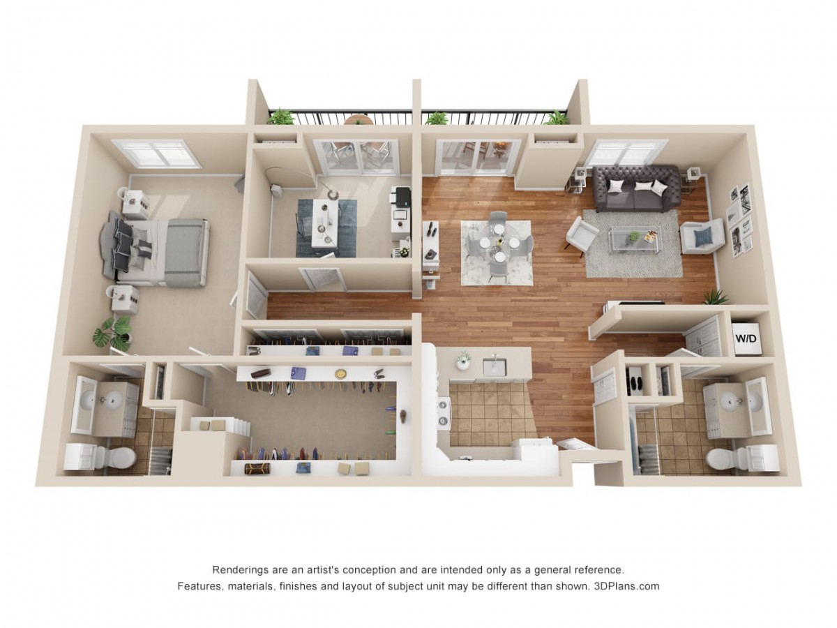 A 3D floor plan of a modern apartment featuring two bedrooms, two bathrooms, a kitchen, and a living area.
