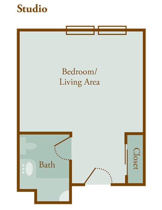 A floor plan of a studio apartment featuring a combined bedroom and living area, with a bathroom and closet.
