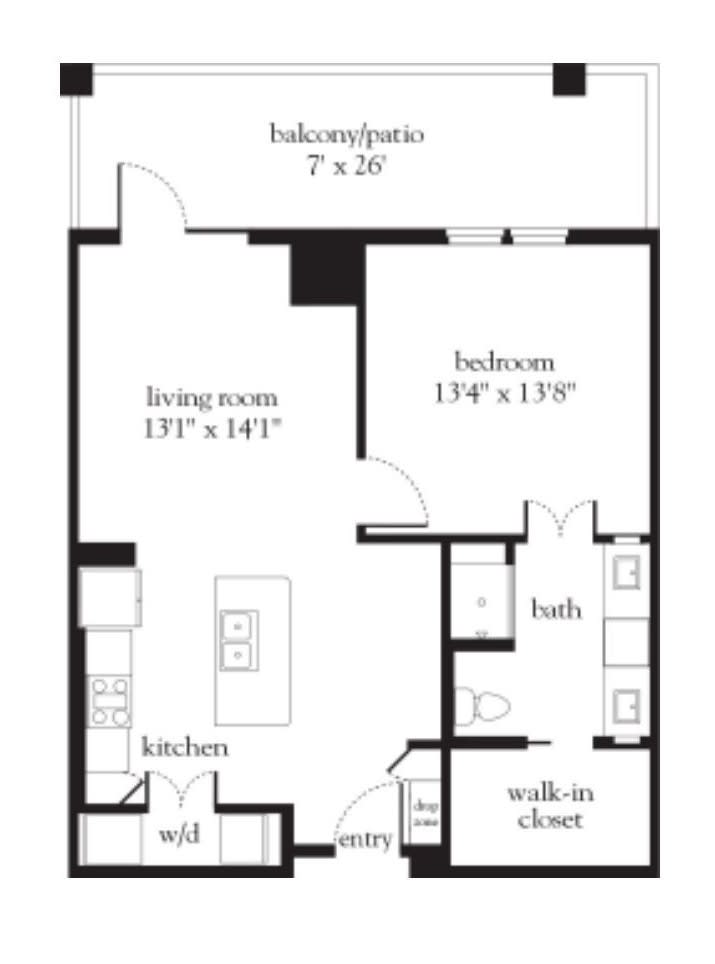 A floor plan of a one-bedroom apartment featuring a living room, kitchen, bathroom, walk-in closet, and balcony.