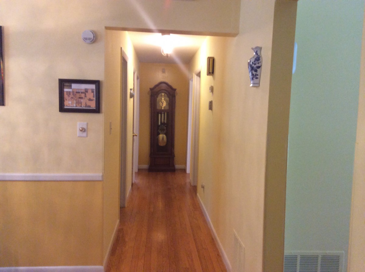 A hallway with wooden flooring, featuring a grandfather clock at the end and decorated with wall art.