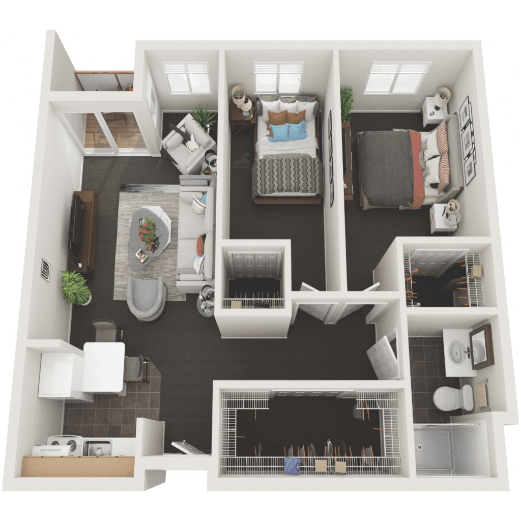 A 3D rendered floor plan of an apartment featuring two bedrooms, a bathroom, a kitchen, and a living area.