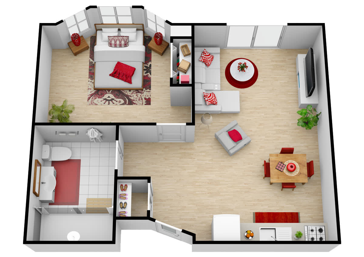 A modern apartment floor plan featuring a bedroom, bathroom, living room, and kitchen area with stylish furniture.