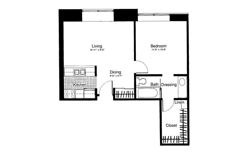 A floor plan of a one-bedroom apartment featuring a living room, kitchen, bathroom, and closet space.