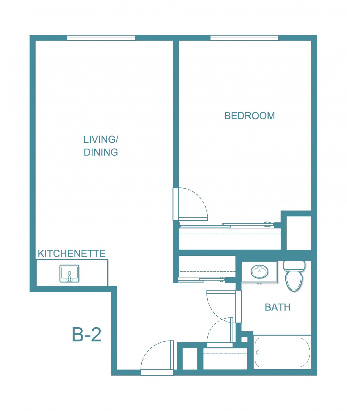 A simple one-bedroom apartment floor plan with a living/dining area, kitchenette, bathroom, and bedroom.