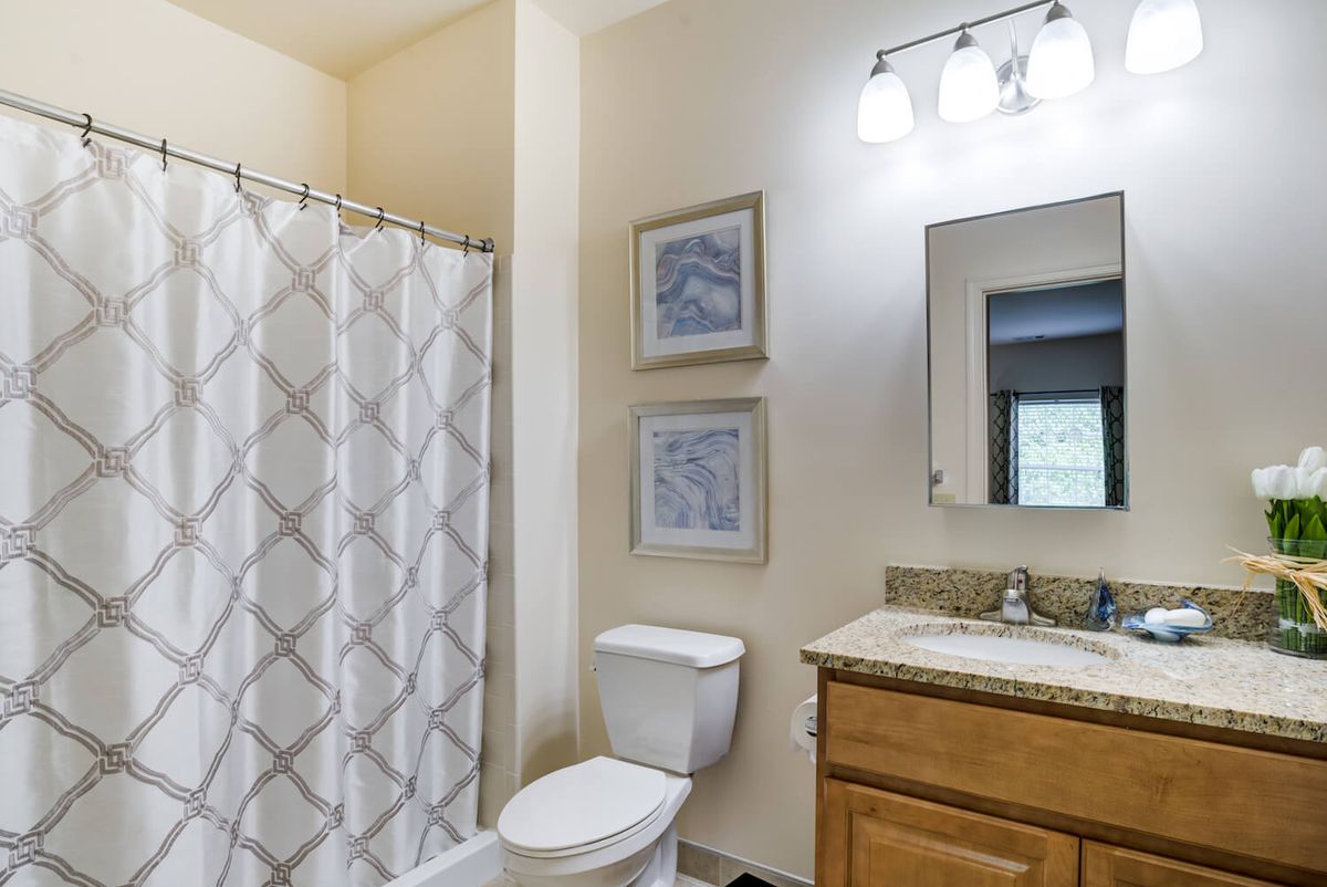 A clean and modern bathroom with a shower curtain, toilet, sink, and mirror.