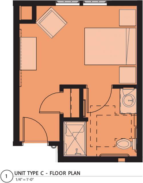 A compact floor plan showing a small apartment layout with a bedroom, bathroom, and living area.